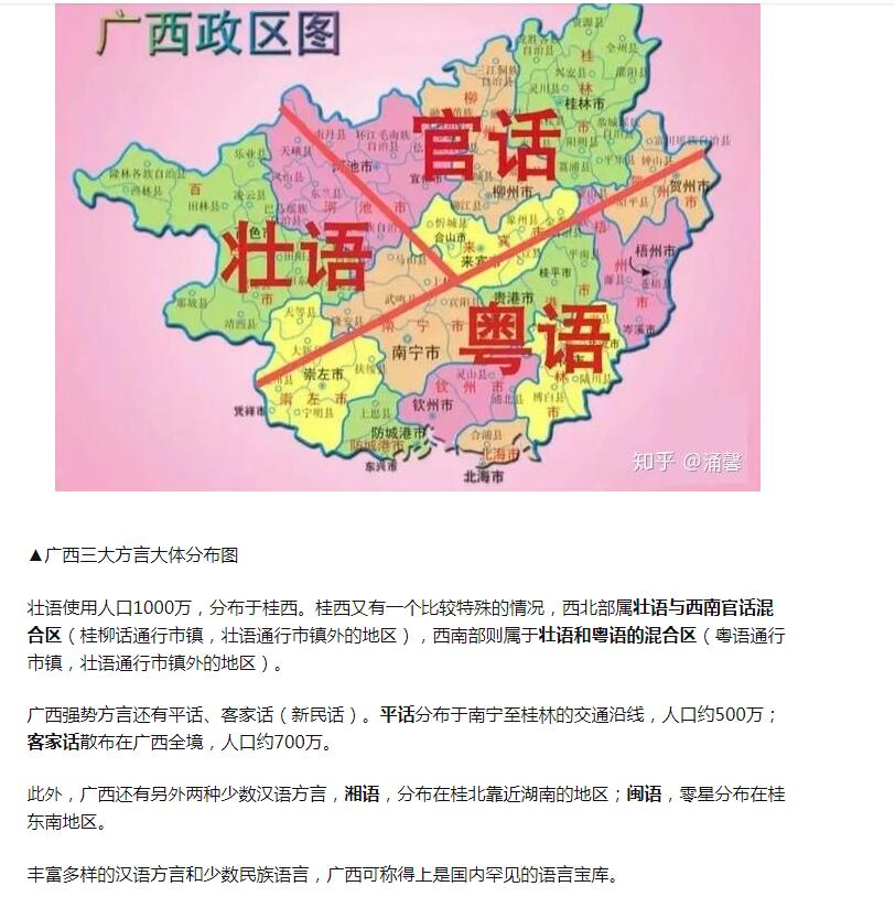 分为三种方言,南部通行粤方言(俗称白话),北部通行西南官话(桂柳话)